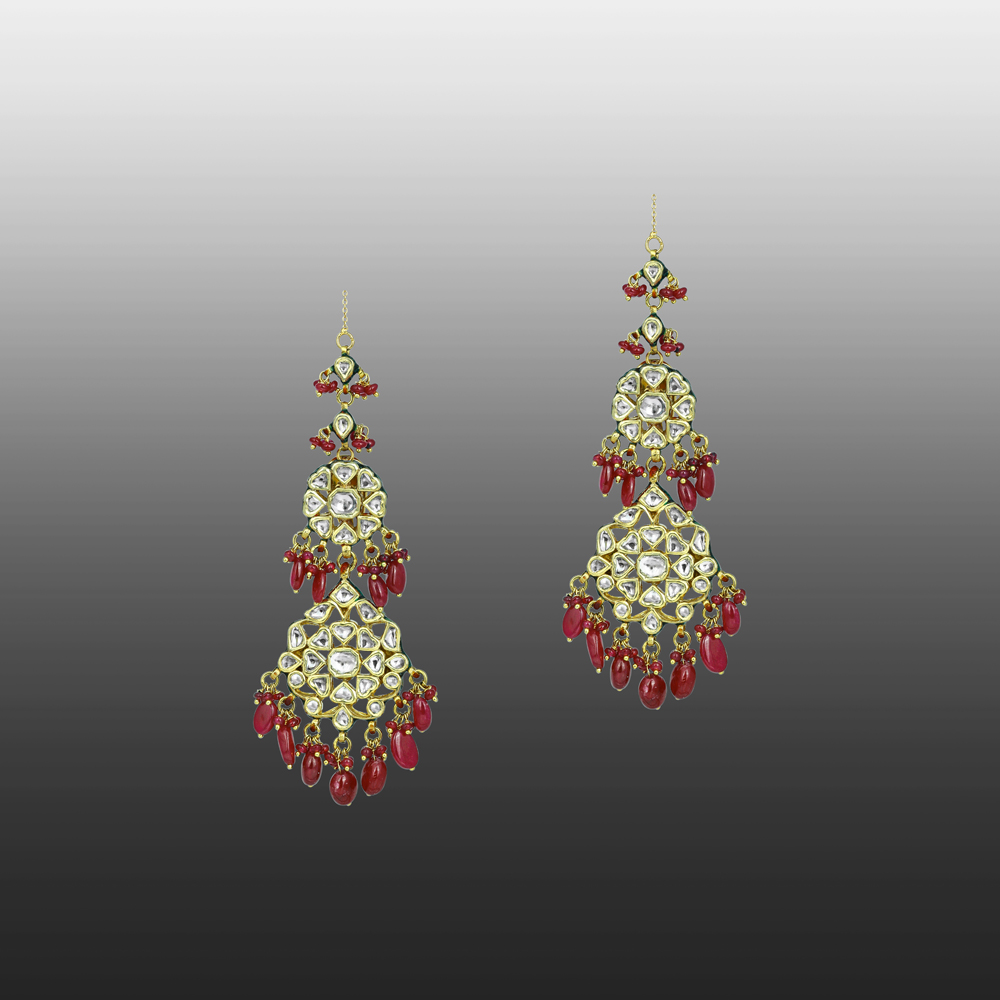 Cascading Polki Diamond Earrings with Ruby Maniya